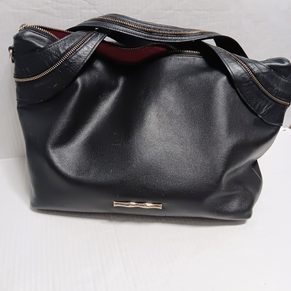 ELAINE TURNER large black pebble leather zipper handle tote satchel
